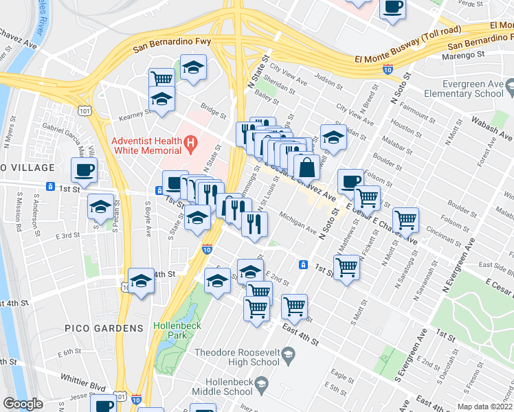 map of restaurants, bars, coffee shops, grocery stores, and more near 2010 Michigan Avenue in Los Angeles