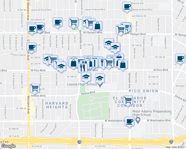 map of restaurants, bars, coffee shops, grocery stores, and more near 2698 West Pico Boulevard in Los Angeles