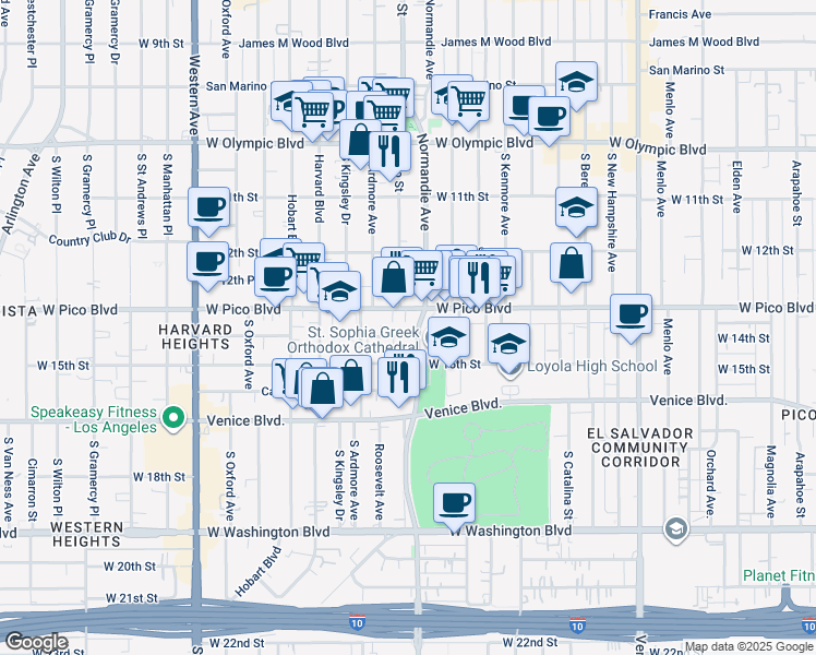 map of restaurants, bars, coffee shops, grocery stores, and more near 2800 West Pico Boulevard in Los Angeles