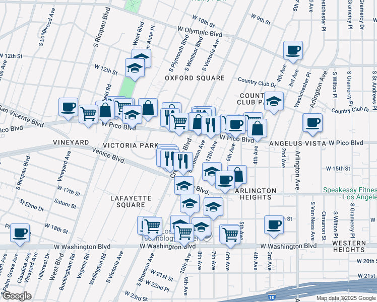 map of restaurants, bars, coffee shops, grocery stores, and more near 1329 Crenshaw Boulevard in Los Angeles