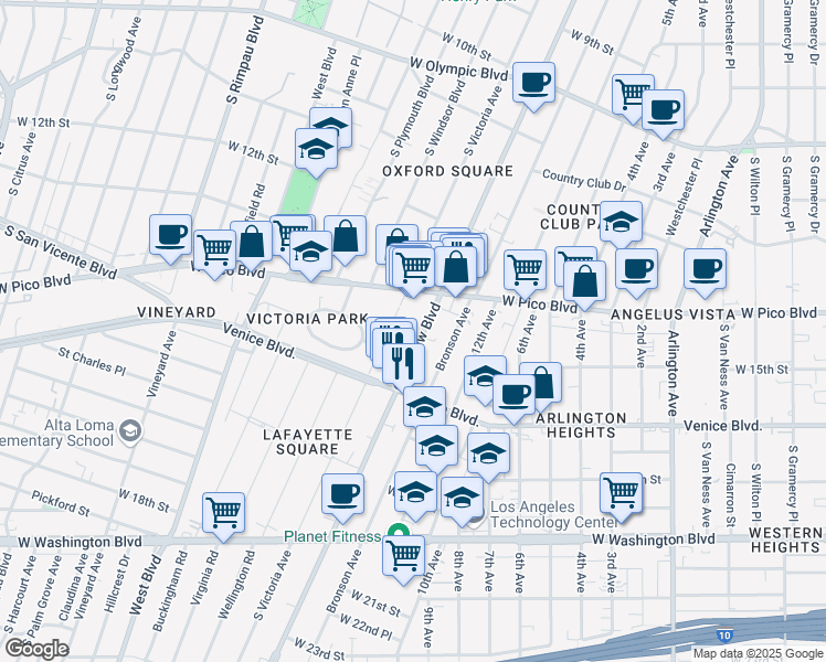 map of restaurants, bars, coffee shops, grocery stores, and more near 1329 Crenshaw Boulevard in Los Angeles