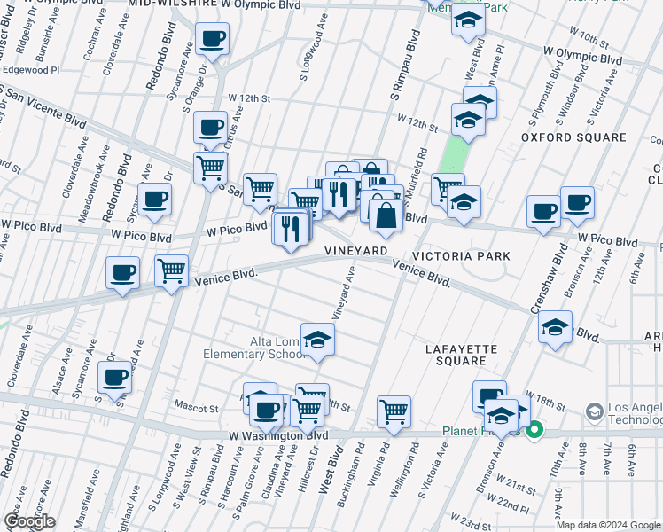 map of restaurants, bars, coffee shops, grocery stores, and more near 4614 Venice Boulevard in Los Angeles