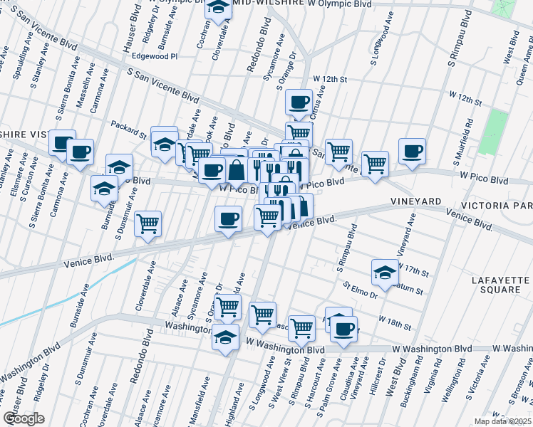 map of restaurants, bars, coffee shops, grocery stores, and more near 1439 South La Brea Avenue in Los Angeles