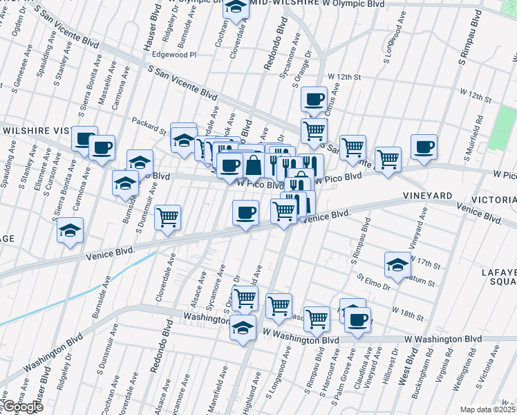 map of restaurants, bars, coffee shops, grocery stores, and more near 1426 South Orange Drive in Los Angeles