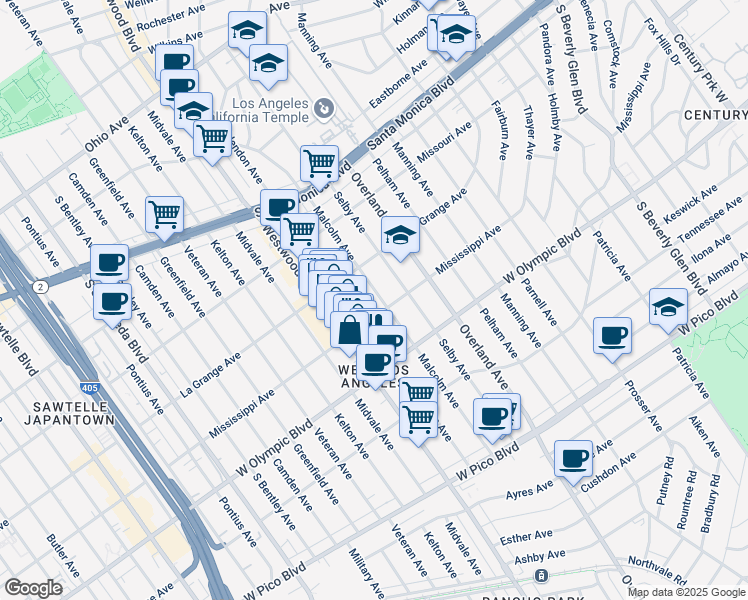 map of restaurants, bars, coffee shops, grocery stores, and more near 2041 Selby Avenue in Los Angeles