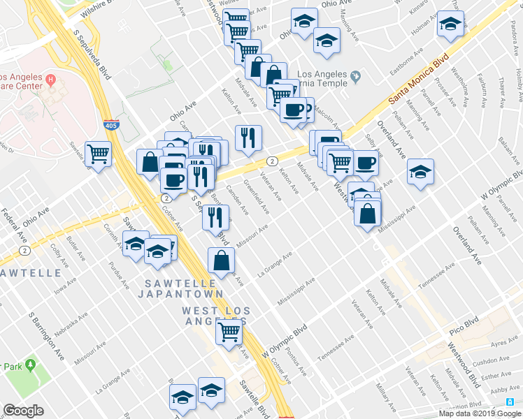 map of restaurants, bars, coffee shops, grocery stores, and more near 1857 Greenfield Avenue in Los Angeles