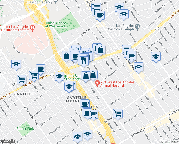 map of restaurants, bars, coffee shops, grocery stores, and more near 1727 South Bentley Avenue in Los Angeles