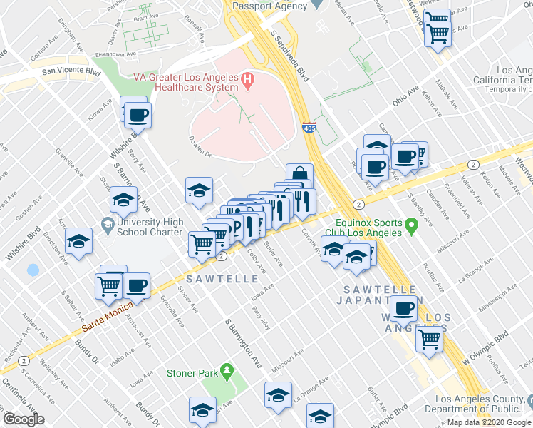 map of restaurants, bars, coffee shops, grocery stores, and more near 1505 Purdue Avenue in Los Angeles