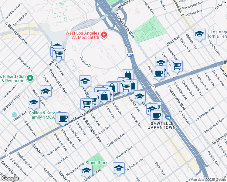 map of restaurants, bars, coffee shops, grocery stores, and more near 1505 Purdue Avenue in Los Angeles