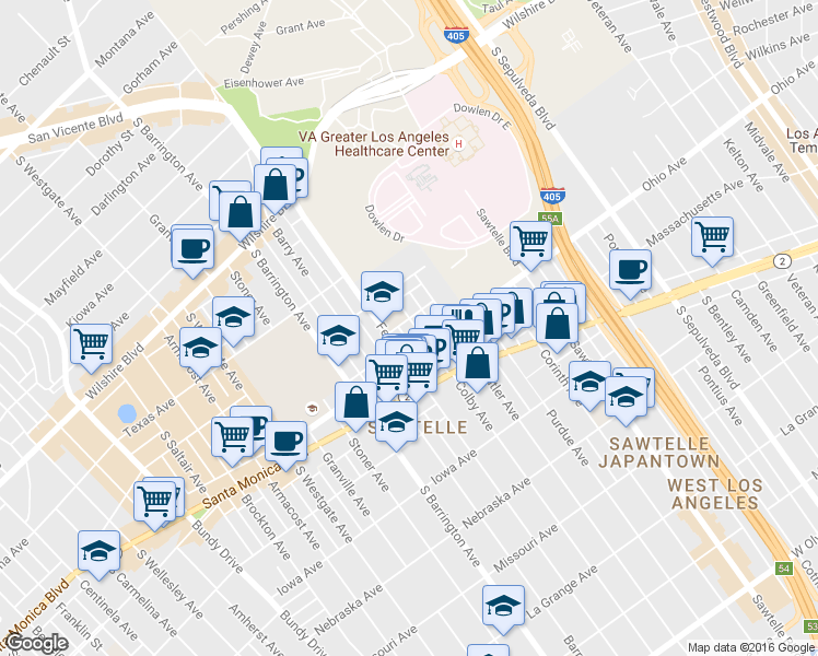 map of restaurants, bars, coffee shops, grocery stores, and more near 1415 Colby Avenue in Los Angeles