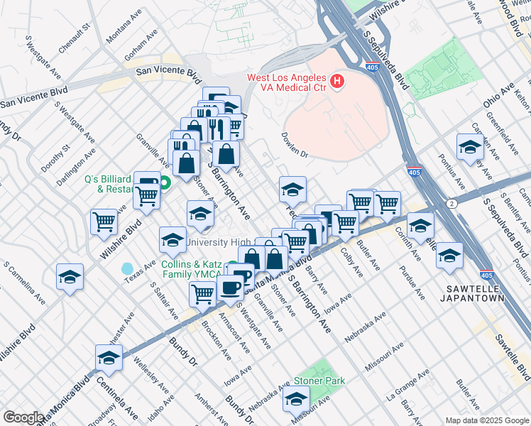 map of restaurants, bars, coffee shops, grocery stores, and more near 1323 Barry Avenue in Los Angeles