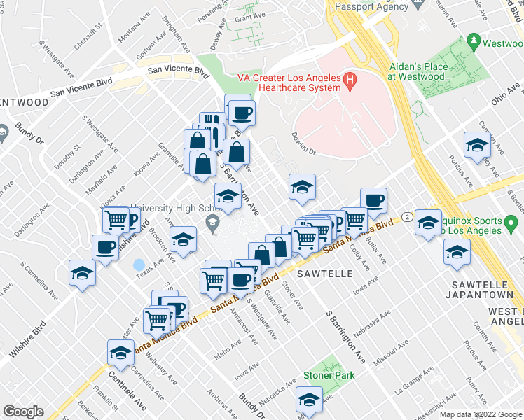 map of restaurants, bars, coffee shops, grocery stores, and more near 1323 Barry Avenue in Los Angeles