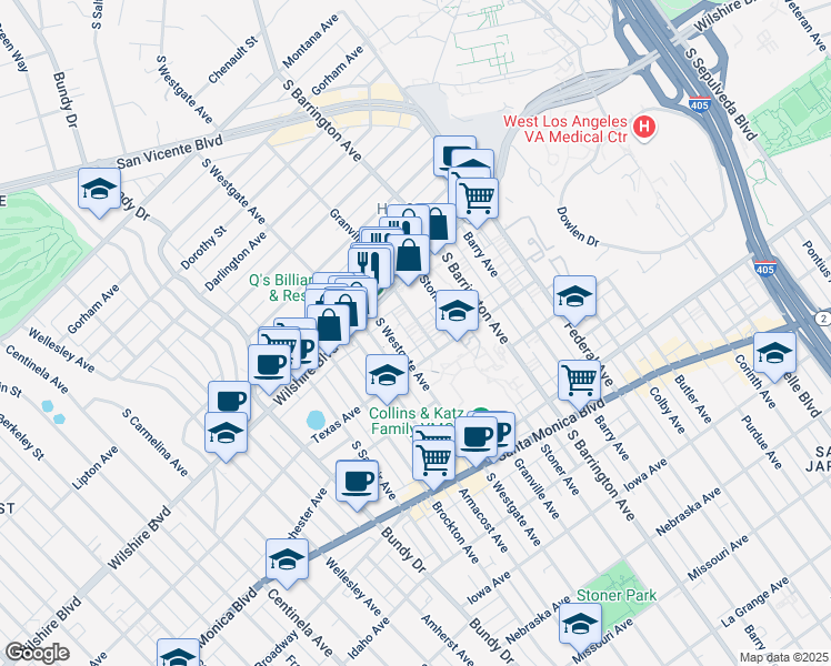 map of restaurants, bars, coffee shops, grocery stores, and more near 1222 South Westgate Avenue in Los Angeles