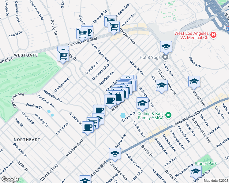 map of restaurants, bars, coffee shops, grocery stores, and more near 11964 Kiowa Avenue in Los Angeles