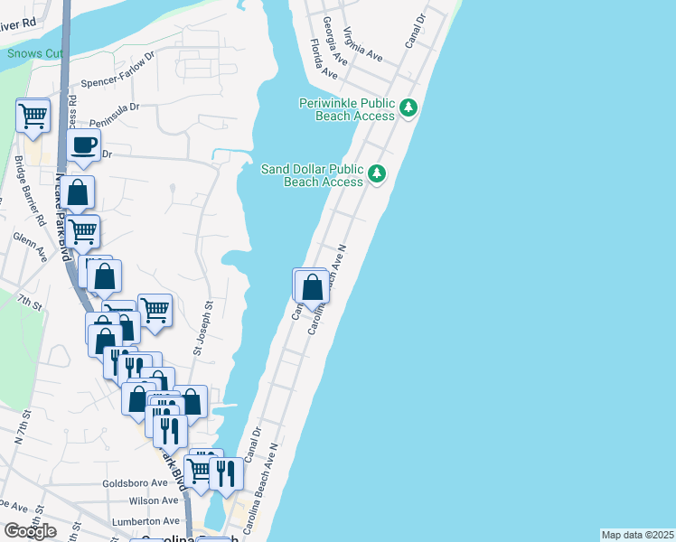 map of restaurants, bars, coffee shops, grocery stores, and more near 6 Scotch Bonnet Lane in Carolina Beach