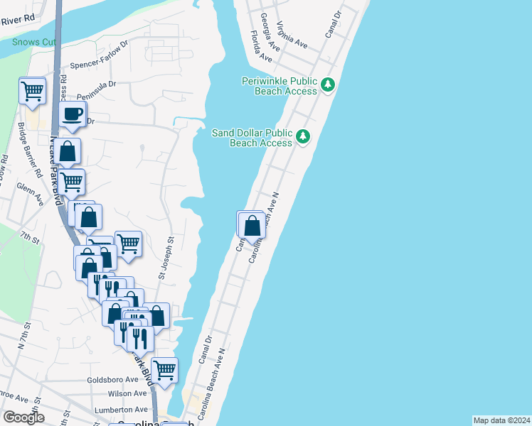 map of restaurants, bars, coffee shops, grocery stores, and more near 1010 Canal Drive in Carolina Beach