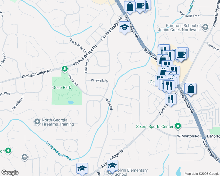map of restaurants, bars, coffee shops, grocery stores, and more near 10965 Indian Village Drive in Alpharetta