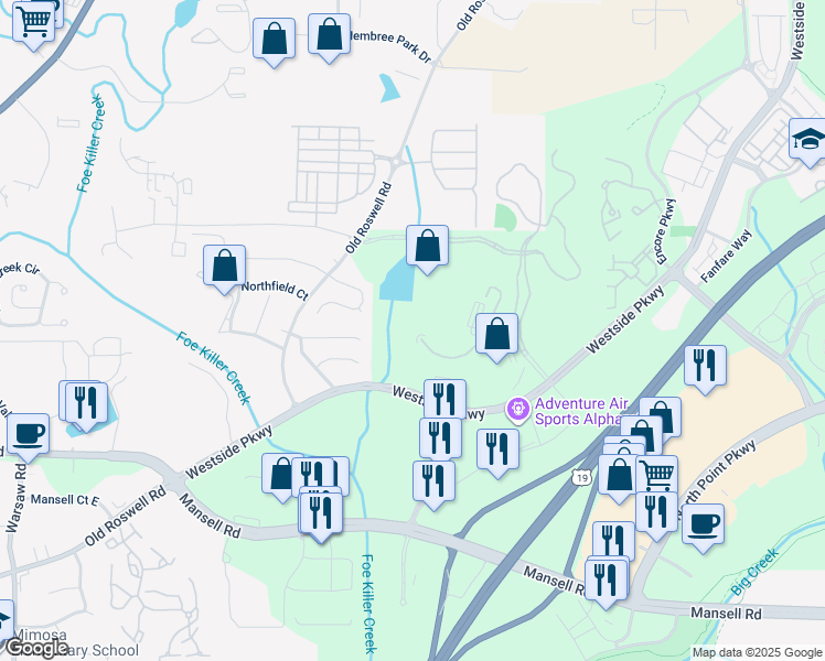 map of restaurants, bars, coffee shops, grocery stores, and more near 1145 Sanctuary Parkway in Alpharetta