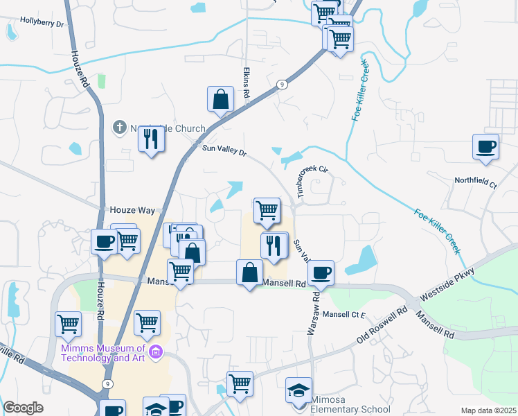 map of restaurants, bars, coffee shops, grocery stores, and more near 520 Warwick Place in Roswell