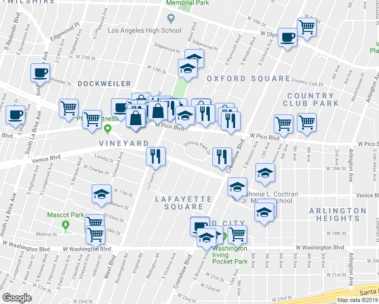 map of restaurants, bars, coffee shops, grocery stores, and more near 4425 Victoria Park Place in Los Angeles