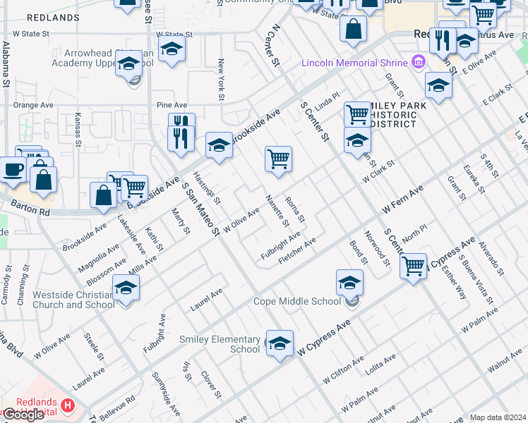 map of restaurants, bars, coffee shops, grocery stores, and more near 205 Fremont Street in Redlands