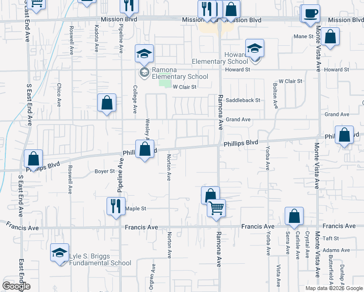 map of restaurants, bars, coffee shops, grocery stores, and more near 4387 Monte Verde Avenue in Pomona