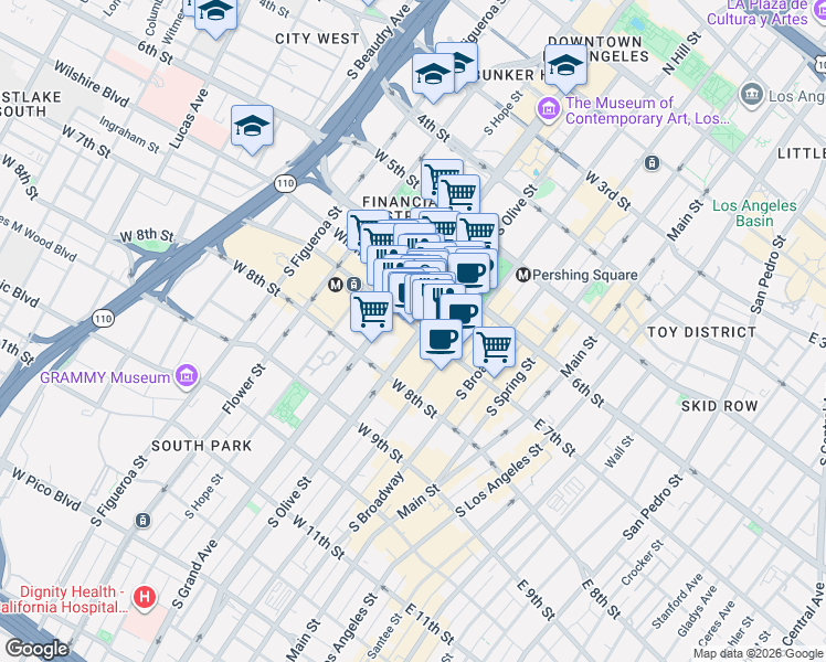 map of restaurants, bars, coffee shops, grocery stores, and more near 506 West 7th Street in Los Angeles
