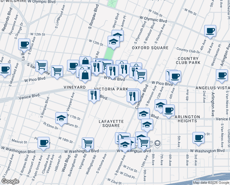 map of restaurants, bars, coffee shops, grocery stores, and more near 4425 Victoria Park Place in Los Angeles