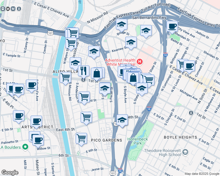 map of restaurants, bars, coffee shops, grocery stores, and more near 145 South Pecan Street in Los Angeles