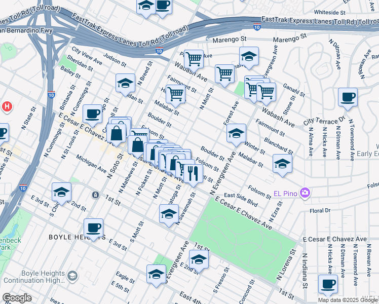 map of restaurants, bars, coffee shops, grocery stores, and more near 2732 Boulder Street in Los Angeles