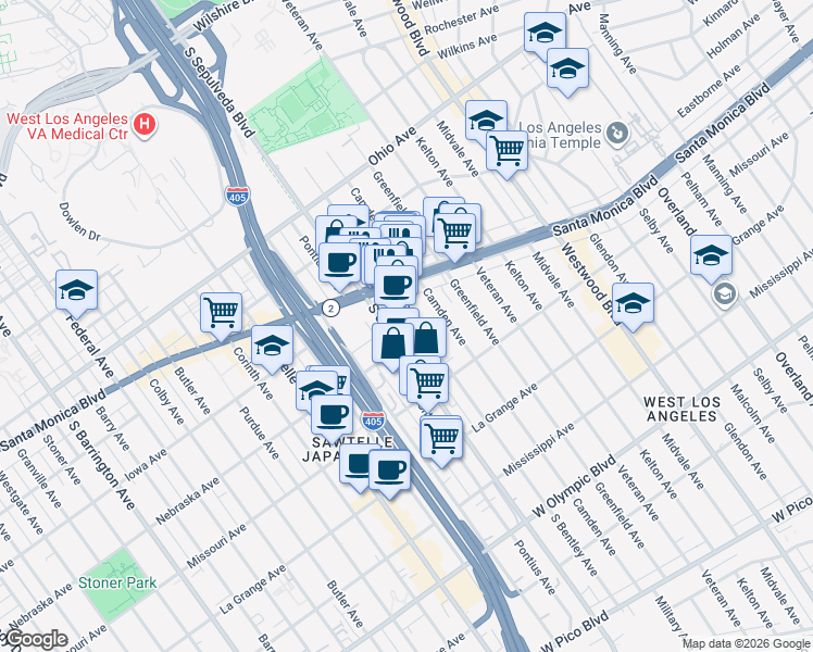 map of restaurants, bars, coffee shops, grocery stores, and more near 1727 South Bentley Avenue in Los Angeles