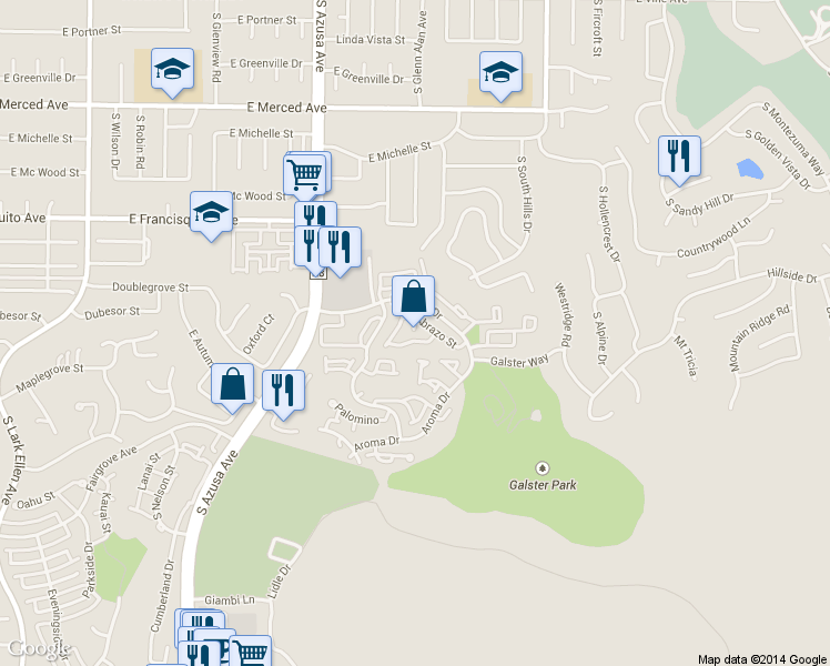 map of restaurants, bars, coffee shops, grocery stores, and more near 2044 Choctaw in West Covina