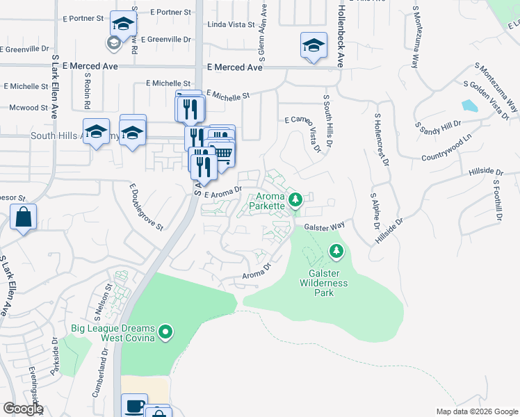 map of restaurants, bars, coffee shops, grocery stores, and more near 1510 Elkwood Street in West Covina