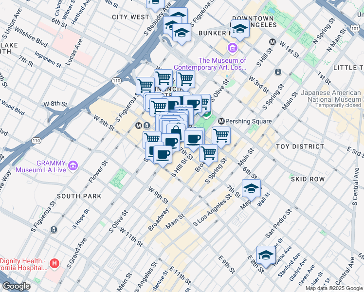 map of restaurants, bars, coffee shops, grocery stores, and more near 417 West 7th Street in Los Angeles