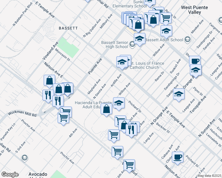 map of restaurants, bars, coffee shops, grocery stores, and more near 13903 Moccasin Street in La Puente