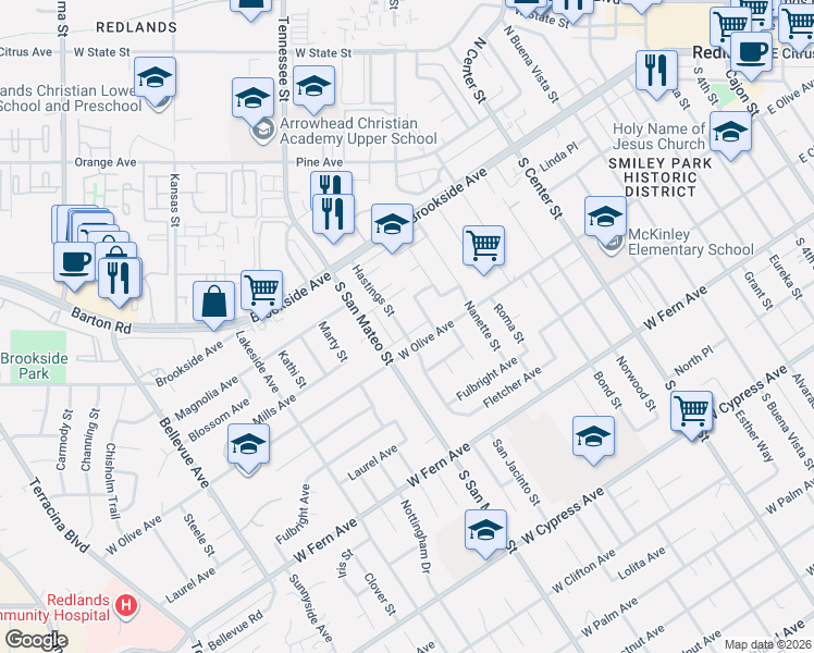 map of restaurants, bars, coffee shops, grocery stores, and more near 137 Hastings Street in Redlands