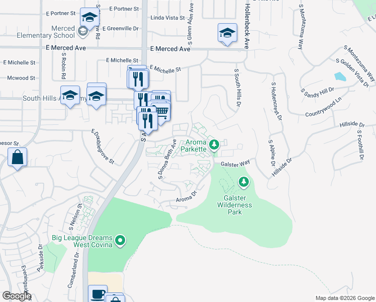 map of restaurants, bars, coffee shops, grocery stores, and more near 1510 Elkwood Street in West Covina