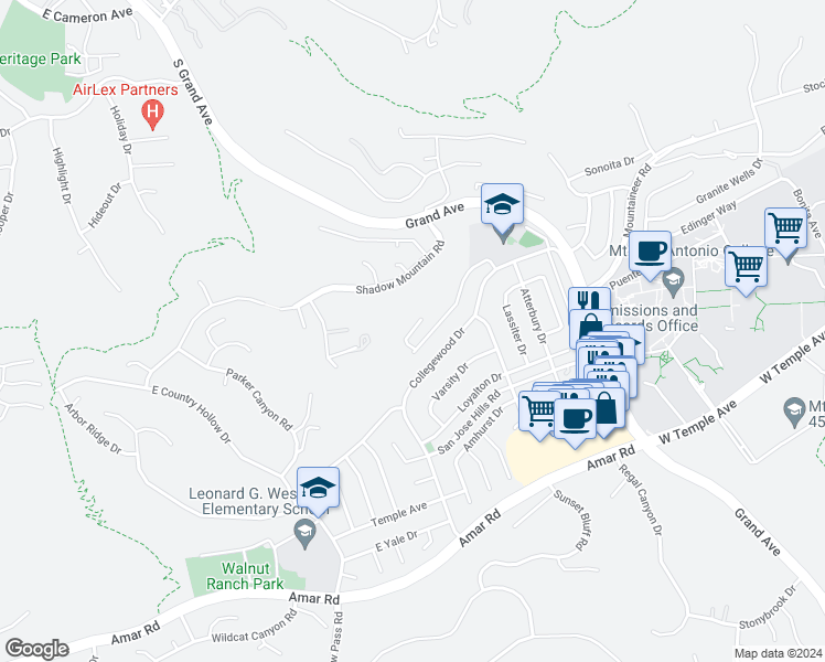 map of restaurants, bars, coffee shops, grocery stores, and more near Camelback Drive in Walnut