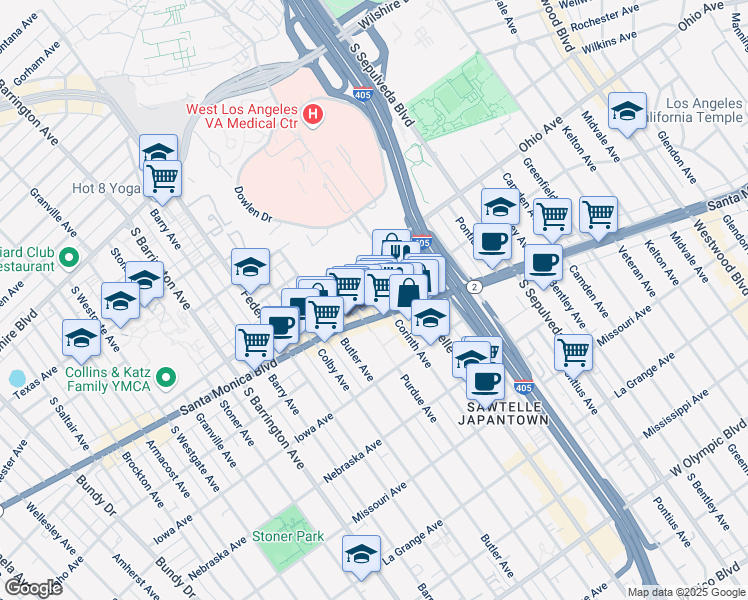 map of restaurants, bars, coffee shops, grocery stores, and more near 1527 Corinth Avenue in Los Angeles