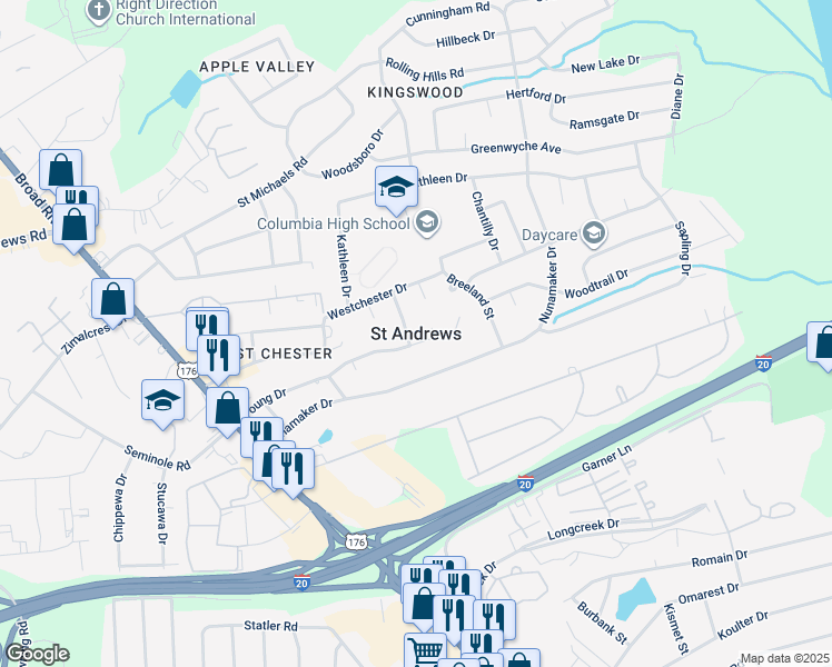 map of restaurants, bars, coffee shops, grocery stores, and more near 2515 Linda Street in Columbia