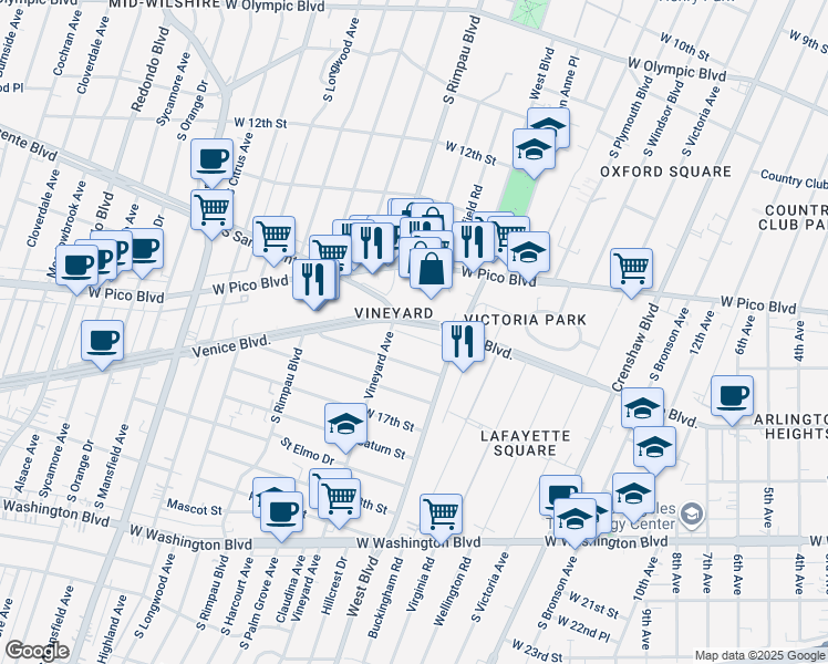 map of restaurants, bars, coffee shops, grocery stores, and more near 4539 West 16th Place in Los Angeles