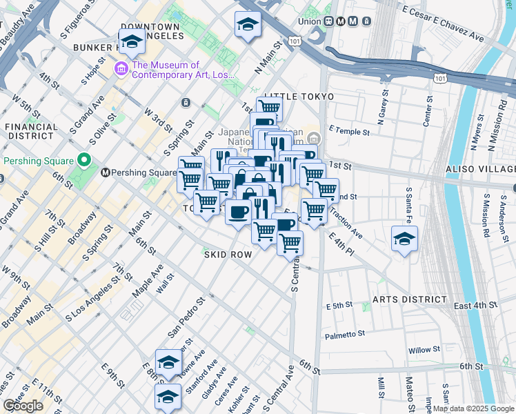 map of restaurants, bars, coffee shops, grocery stores, and more near 420 East 3rd Street in Los Angeles