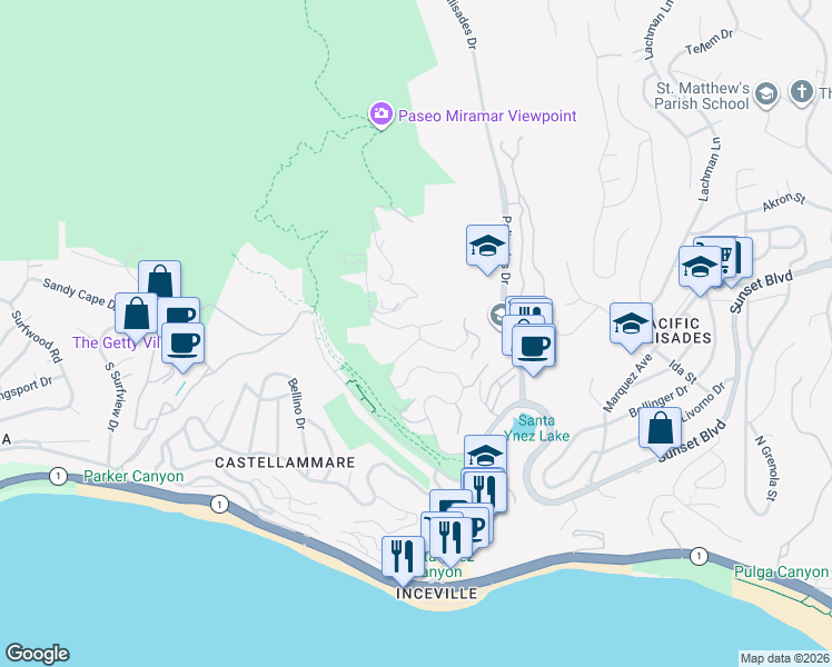 map of restaurants, bars, coffee shops, grocery stores, and more near 541 Paseo Miramar in Los Angeles