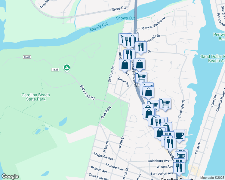 map of restaurants, bars, coffee shops, grocery stores, and more near 805 Blanche Avenue in Carolina Beach