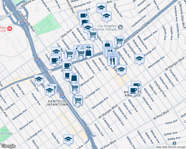 map of restaurants, bars, coffee shops, grocery stores, and more near 1885 Veteran Avenue in Los Angeles