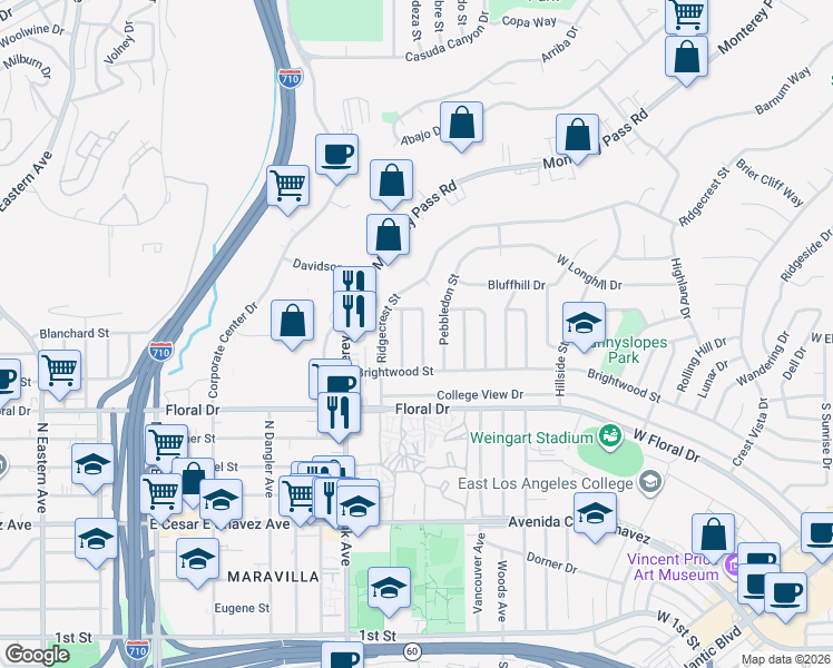 map of restaurants, bars, coffee shops, grocery stores, and more near 1360 Stonewell Street in Monterey Park