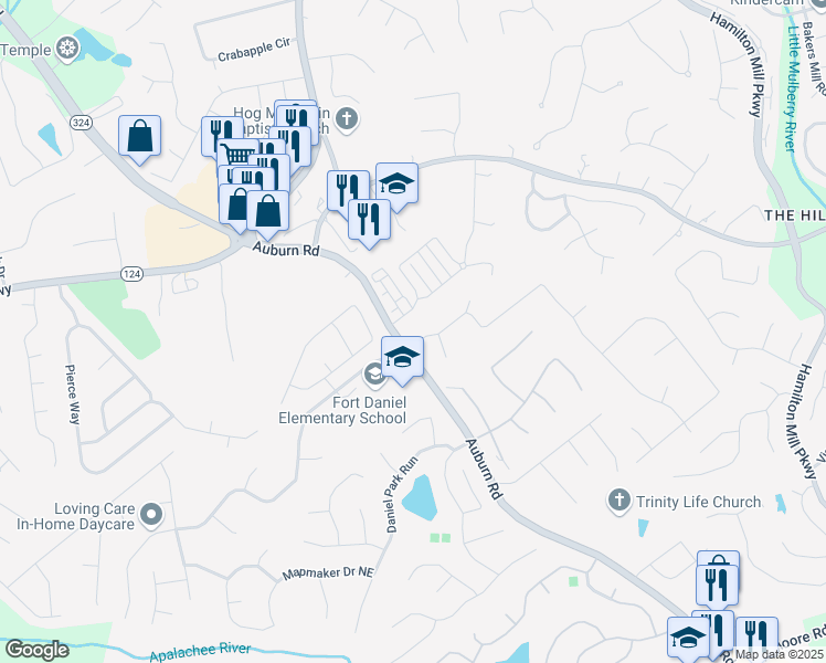 map of restaurants, bars, coffee shops, grocery stores, and more near 2910 Windsong Park Lane in Dacula