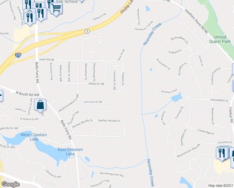 map of restaurants, bars, coffee shops, grocery stores, and more near 4011 Leicester Drive Northeast in Kennesaw