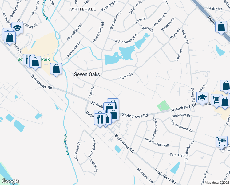 map of restaurants, bars, coffee shops, grocery stores, and more near 249 Sandhurst Road in Columbia
