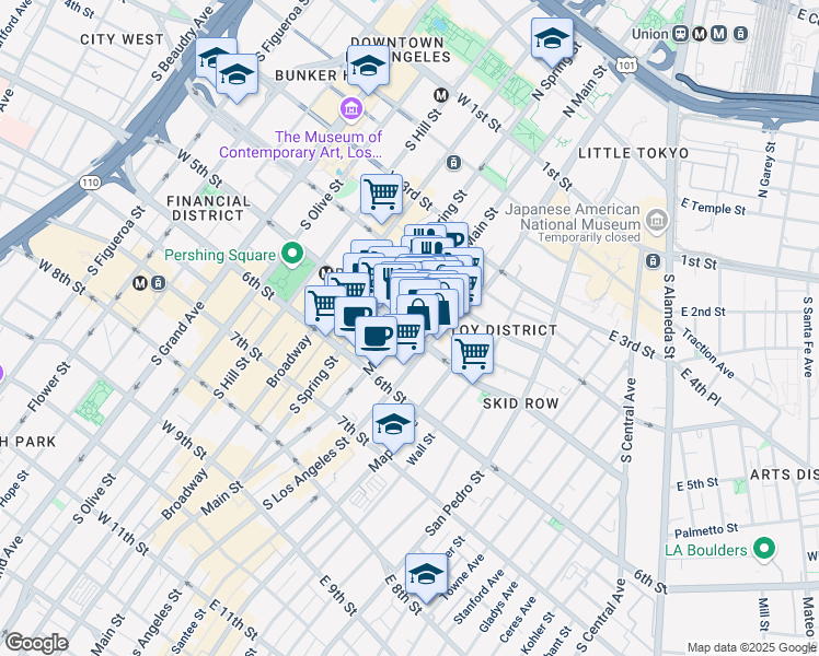 map of restaurants, bars, coffee shops, grocery stores, and more near 439 South Los Angeles Street in Los Angeles